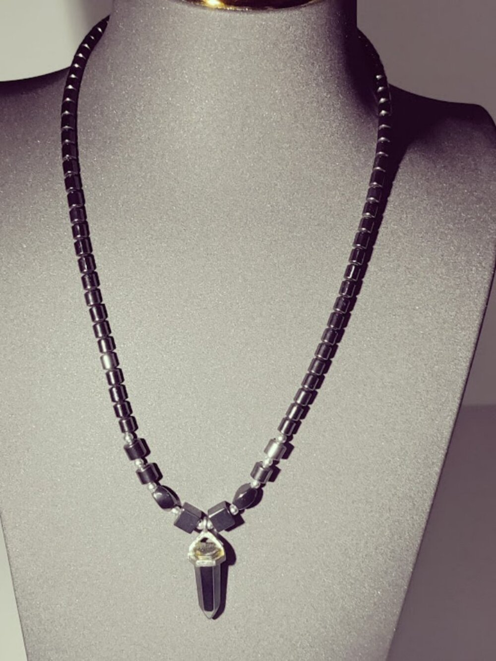 Black Hematite Look Crystal Point Pendant Necklace